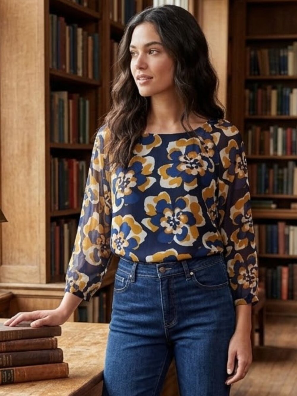 Cabi Lydia Small Floral Chiffon Sheer Blouse 3/4 Sleeve Navy Gold Academia AOP